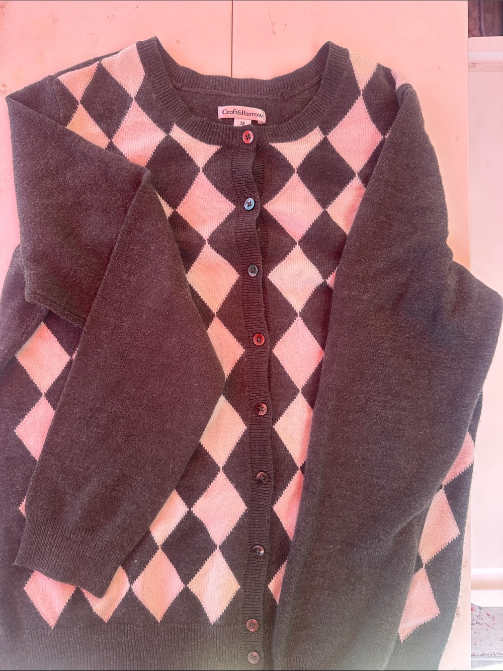croft & barrow Pink and Gray Argyle Button-Front Cardigan